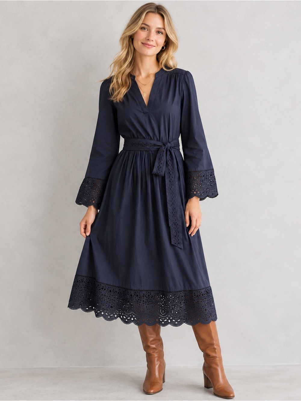 Boden Jen Broderie 100% Cotton Belted Midi Dress Navy Petite 8P